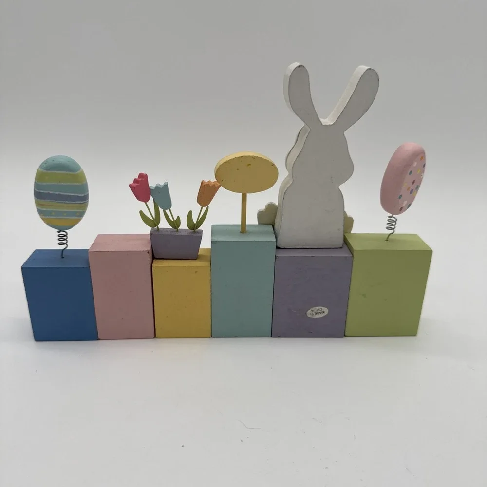 WOODEN PAINTED EASTER BUNNY And  Eggs FAMILY DECOR 9 1/4